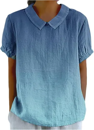 Women's Linen Summer Tops Short Sleeve Boho Shirts Graphic Tees Loose Gauze Blouses Collar Neck Casual Tunic Tshirts