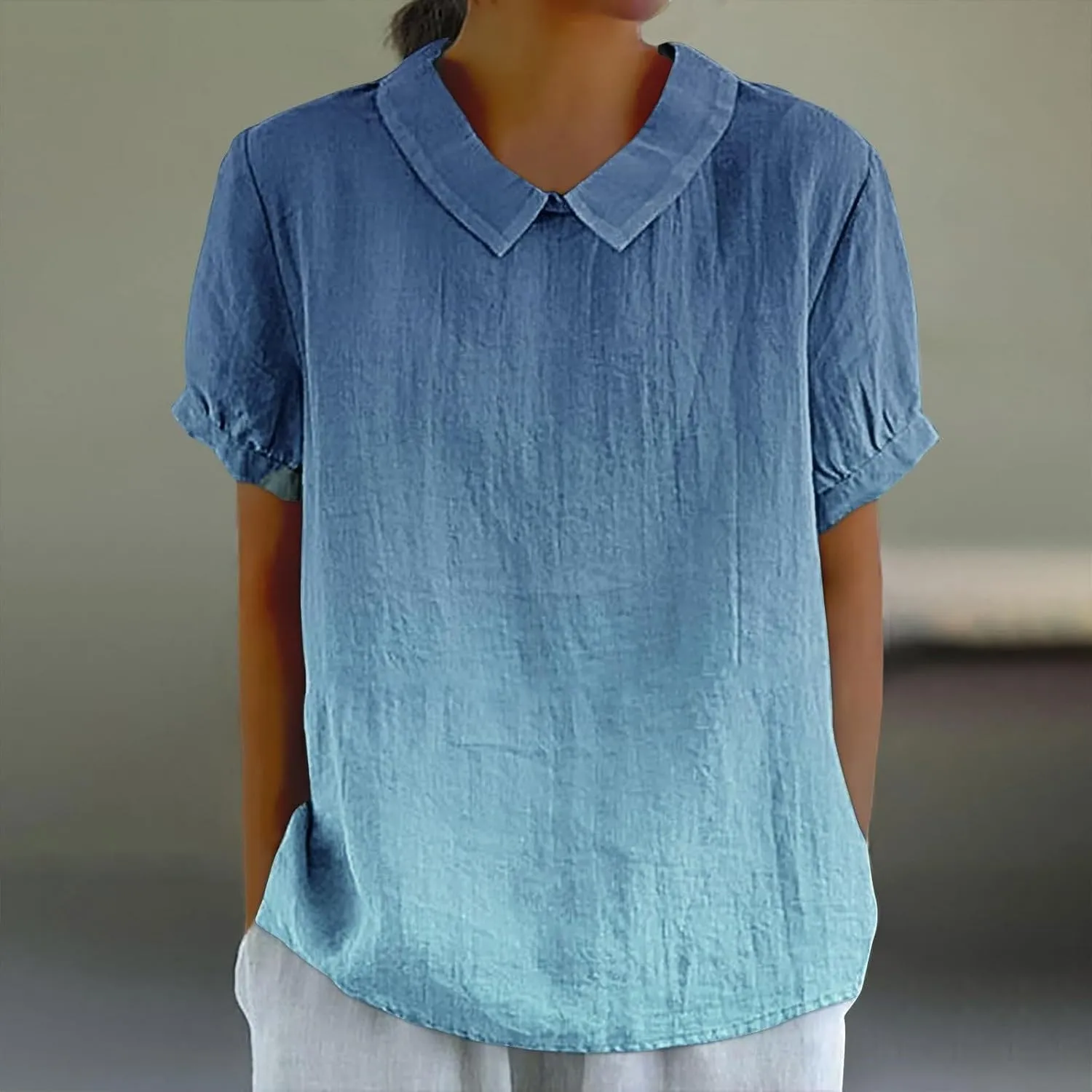 Women's Linen Summer Tops Short Sleeve Boho Shirts Graphic Tees Loose Gauze Blouses Collar Neck Casual Tunic Tshirts