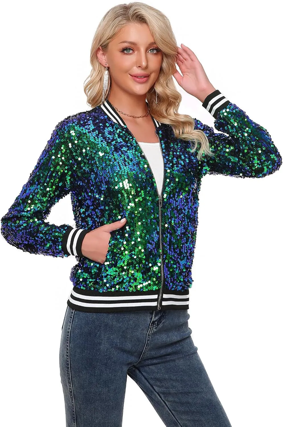 Womens Sequin Jacket Long Sleeve Zipper with Pockets Casual Party Sequin Bomber Jacket