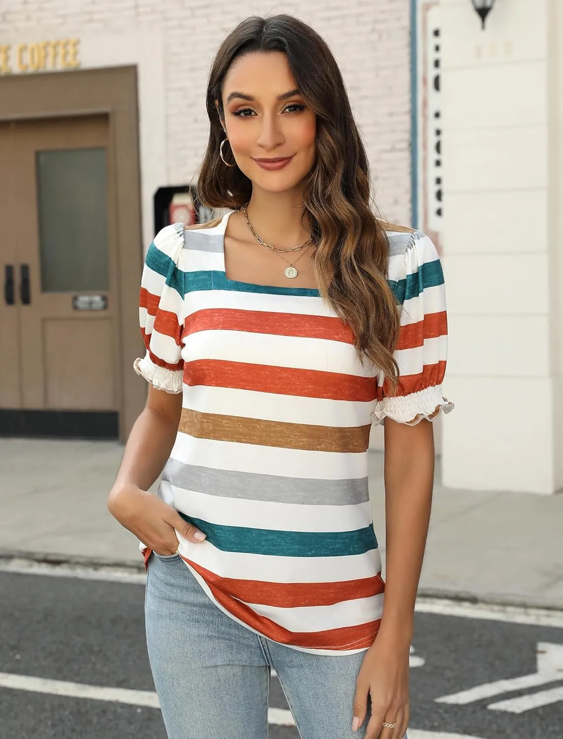 Womens Square Neck Puff Sleeve Top Short Sleeve Casual Smocked Cuff Blouse for Summer Outfits Tee Shirts
