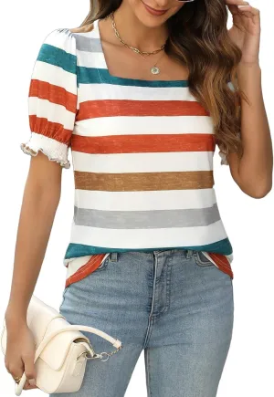 Womens Square Neck Puff Sleeve Top Short Sleeve Casual Smocked Cuff Blouse for Summer Outfits Tee Shirts