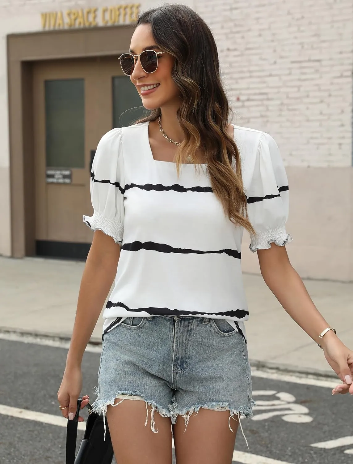 Womens Square Neck Puff Sleeve Top Short Sleeve Casual Smocked Cuff Blouse for Summer Outfits Tee Shirts