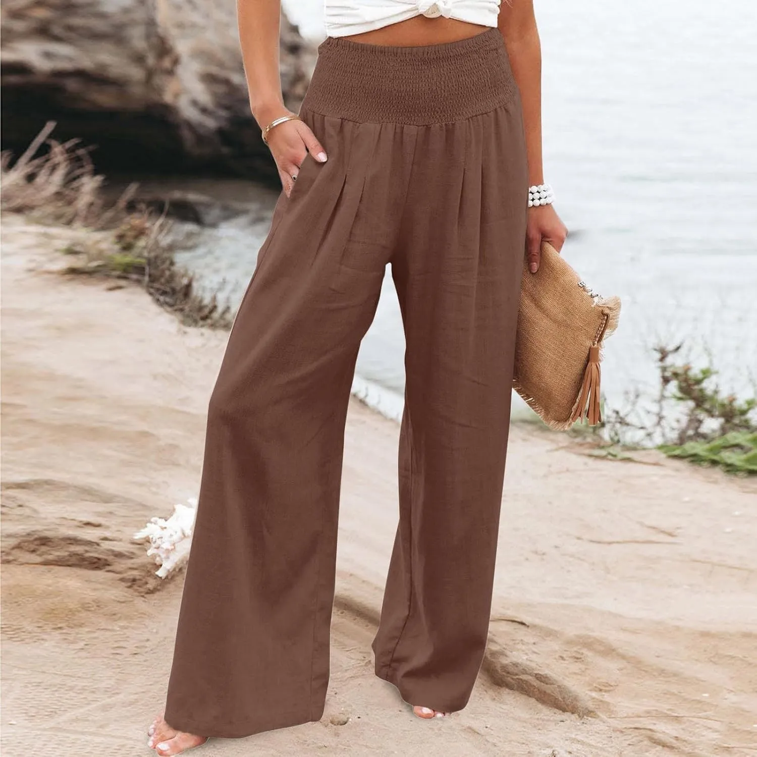 Women's Summer Cotton Linen Wide Leg Pants Drawstring high Waist Palazzo Flowy Beach Trousers
