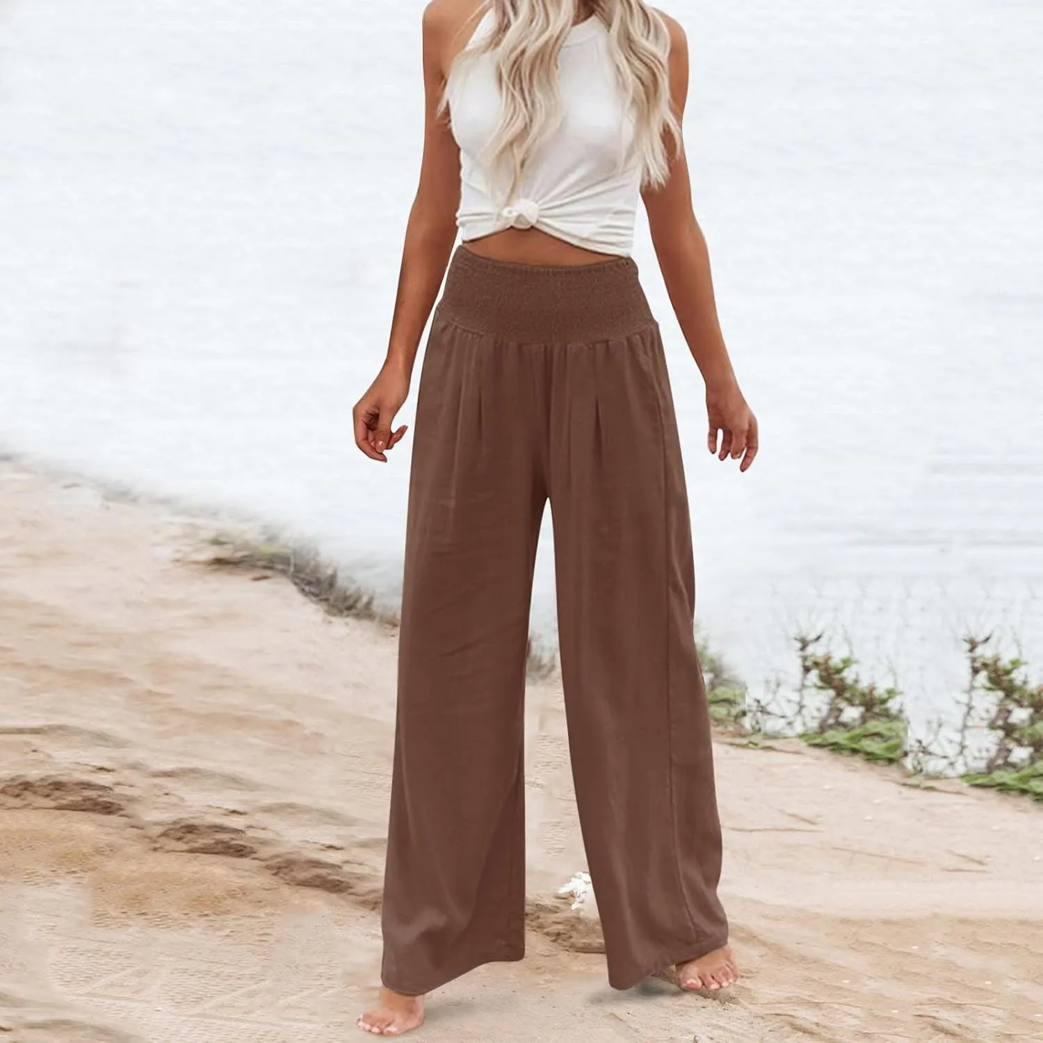 Women's Summer Cotton Linen Wide Leg Pants Drawstring high Waist Palazzo Flowy Beach Trousers