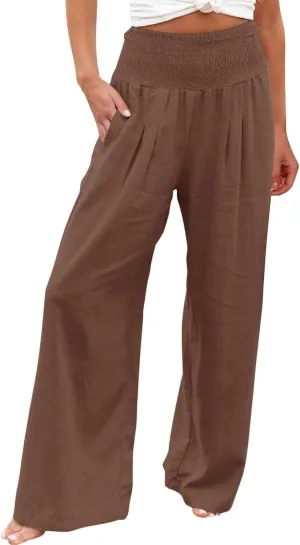 Women's Summer Cotton Linen Wide Leg Pants Drawstring high Waist Palazzo Flowy Beach Trousers