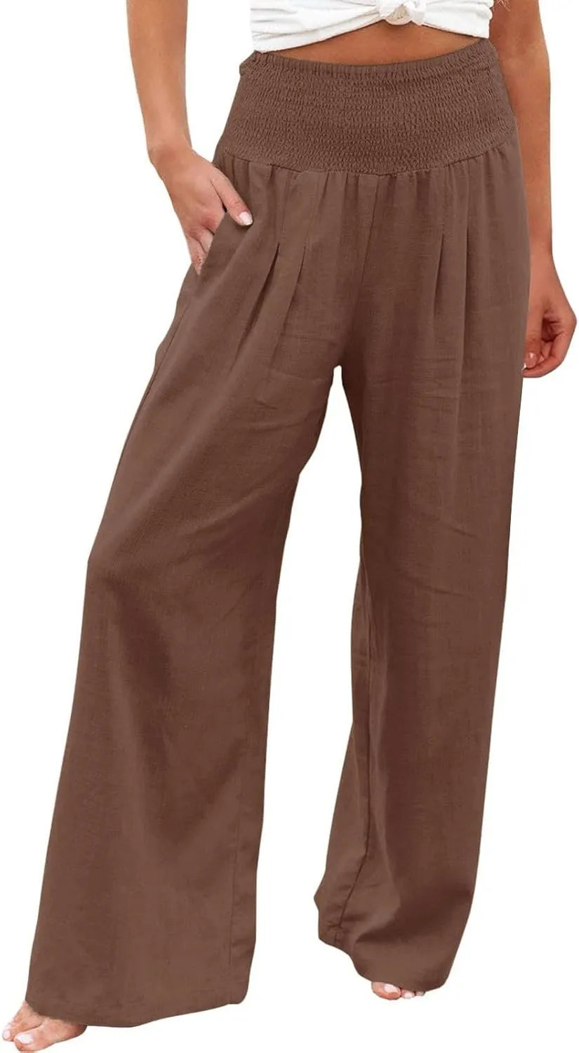 Women's Summer Cotton Linen Wide Leg Pants Drawstring high Waist Palazzo Flowy Beach Trousers