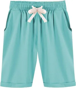 XinYangNi Women's Elastic Waist Casual Comfy Cotton Linen Beach Shorts with Drawstring Knee Length Curling Bermuda Shorts