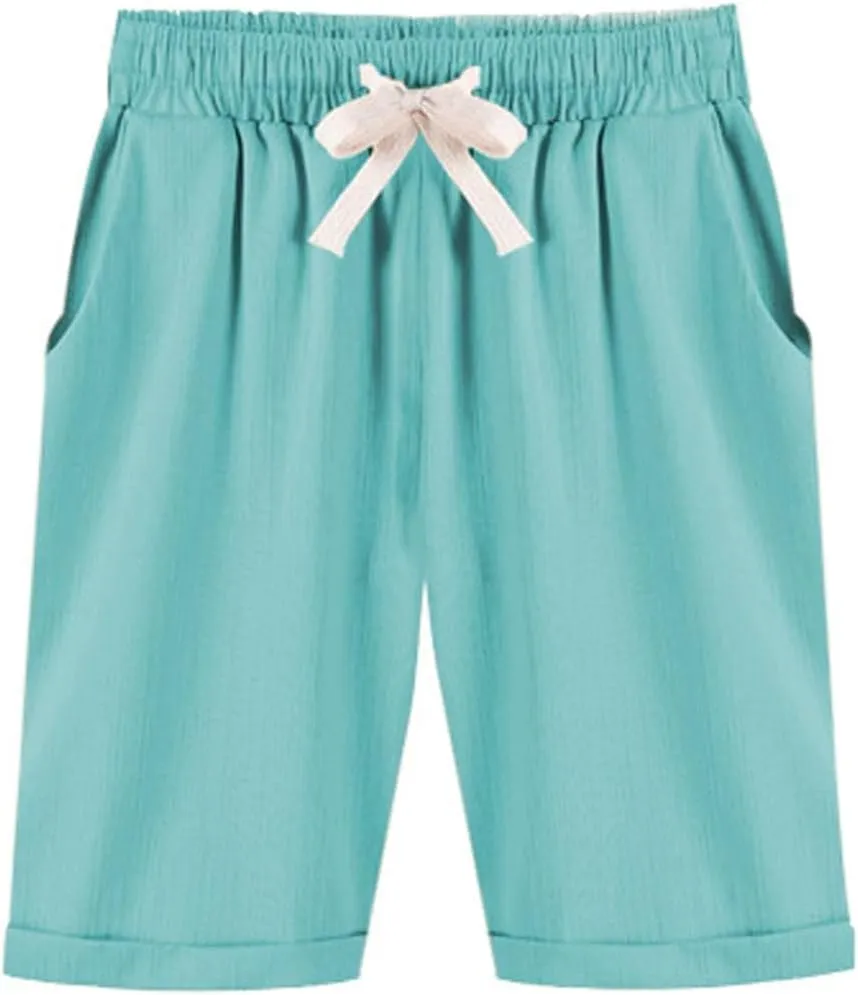 XinYangNi Women's Elastic Waist Casual Comfy Cotton Linen Beach Shorts with Drawstring Knee Length Curling Bermuda Shorts