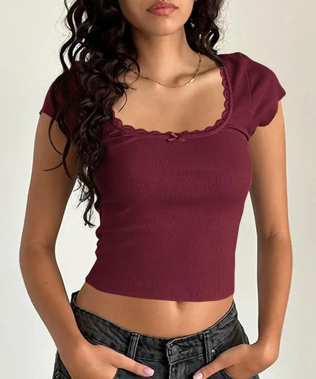 Yousify Womens Shorts Sleeve Crop Tops Summer Y2K Lace Square Neck Slim Fitted Basic Ribbed Tee Blouse Shirts