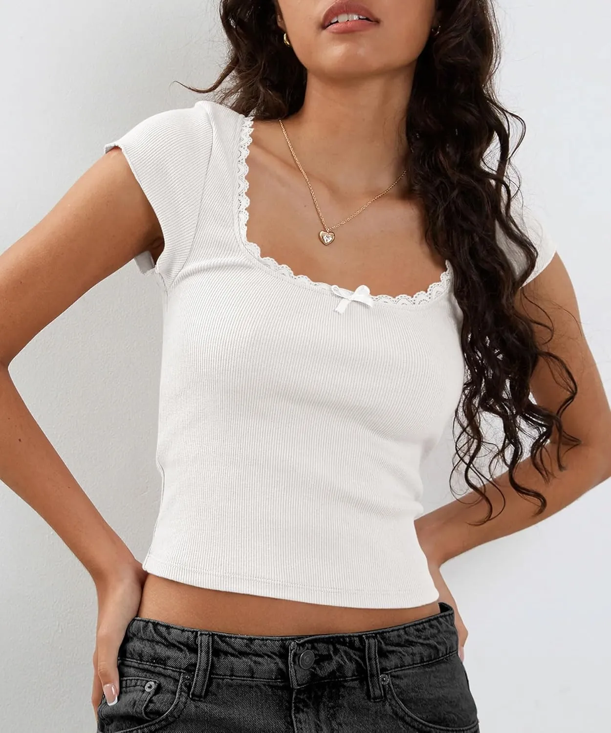 Yousify Womens Shorts Sleeve Crop Tops Summer Y2K Lace Square Neck Slim Fitted Basic Ribbed Tee Blouse Shirts