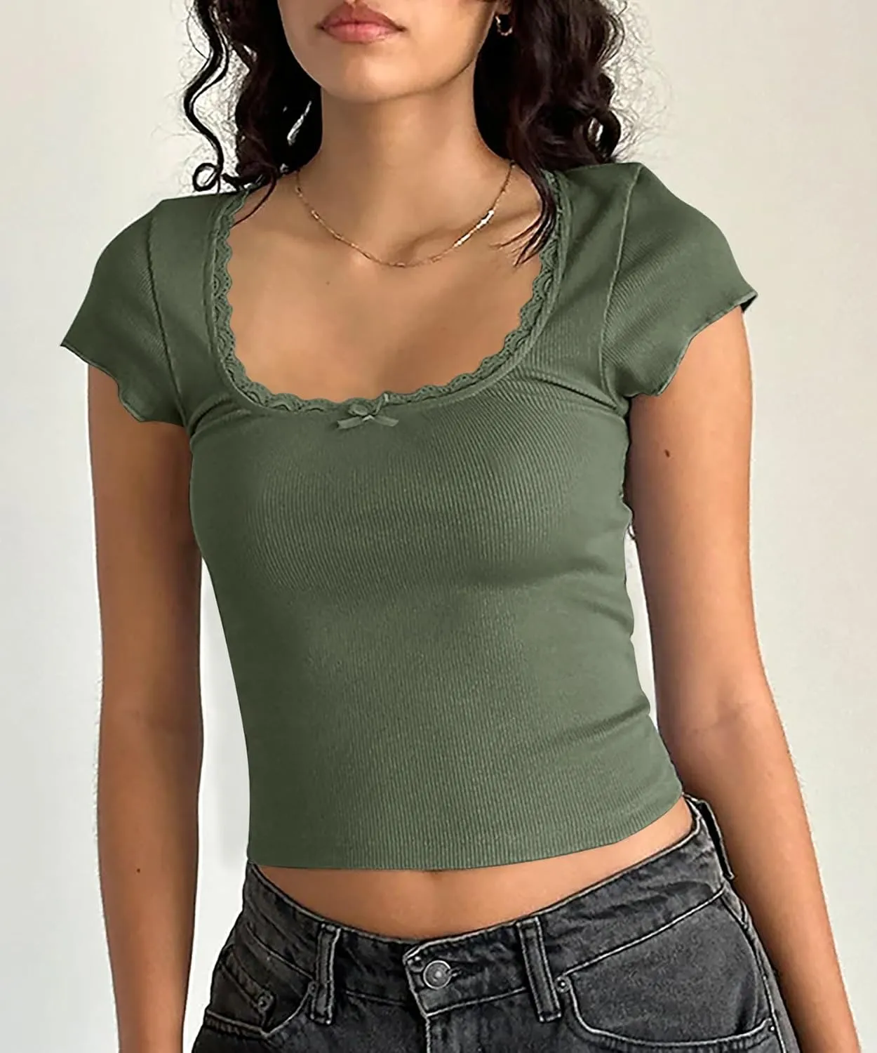 Yousify Womens Shorts Sleeve Crop Tops Summer Y2K Lace Square Neck Slim Fitted Basic Ribbed Tee Blouse Shirts