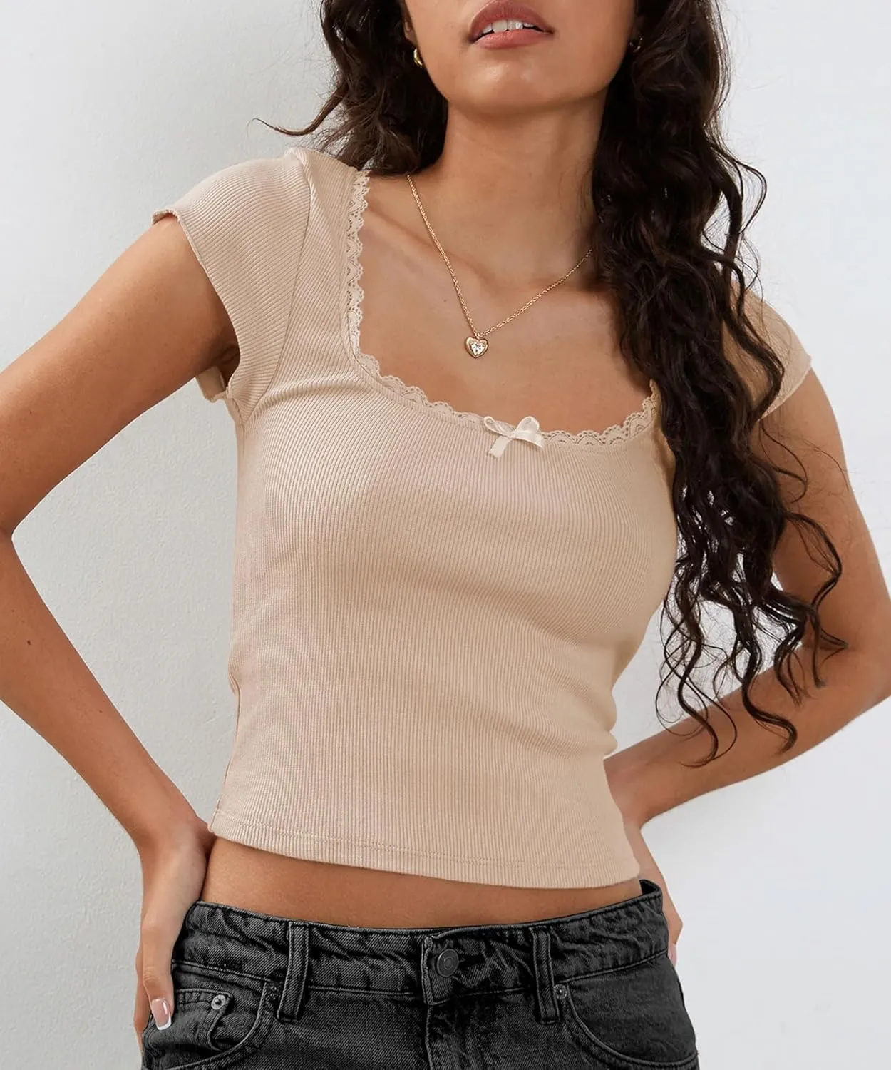 Yousify Womens Shorts Sleeve Crop Tops Summer Y2K Lace Square Neck Slim Fitted Basic Ribbed Tee Blouse Shirts