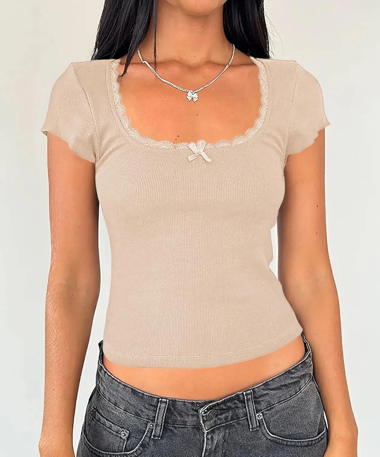 Yousify Womens Shorts Sleeve Crop Tops Summer Y2K Lace Square Neck Slim Fitted Basic Ribbed Tee Blouse Shirts