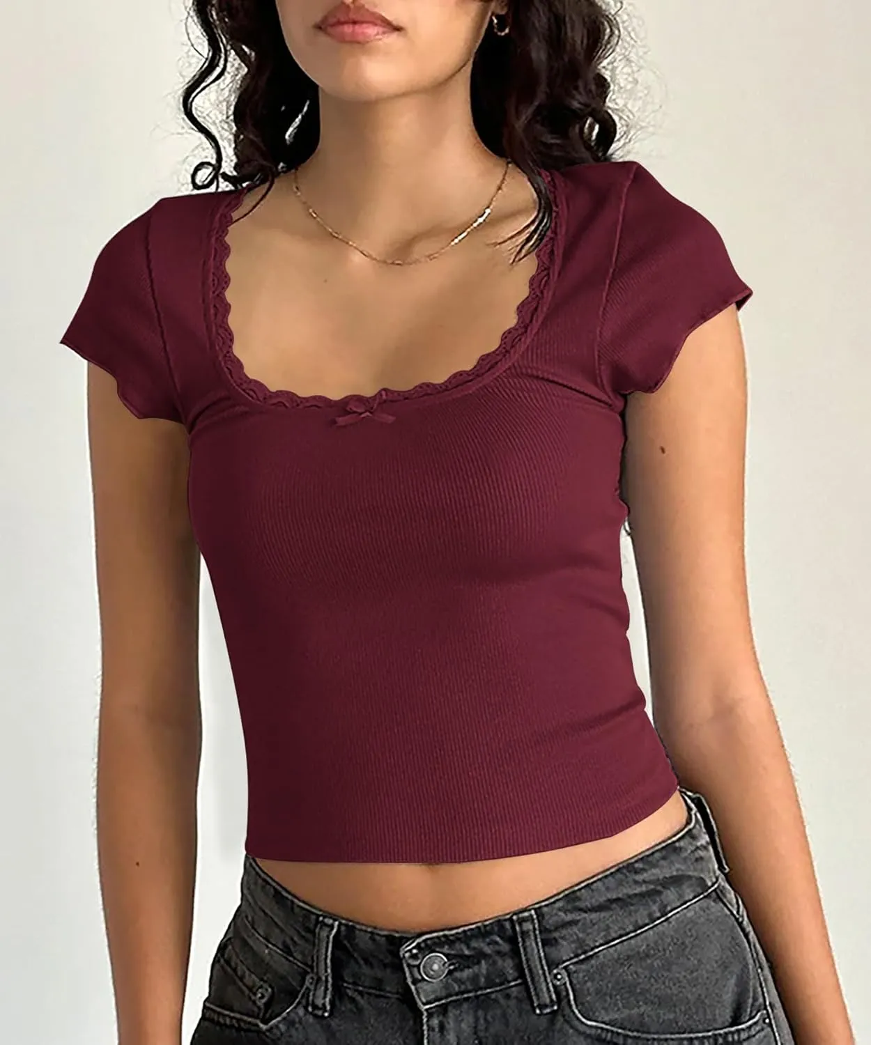 Yousify Womens Shorts Sleeve Crop Tops Summer Y2K Lace Square Neck Slim Fitted Basic Ribbed Tee Blouse Shirts