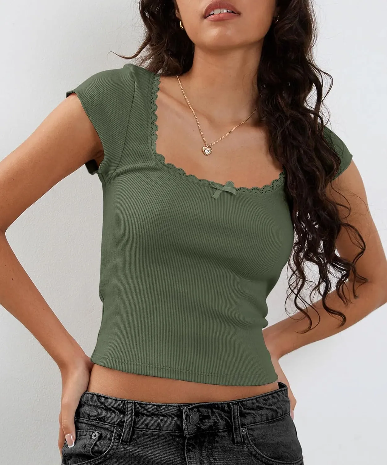 Yousify Womens Shorts Sleeve Crop Tops Summer Y2K Lace Square Neck Slim Fitted Basic Ribbed Tee Blouse Shirts