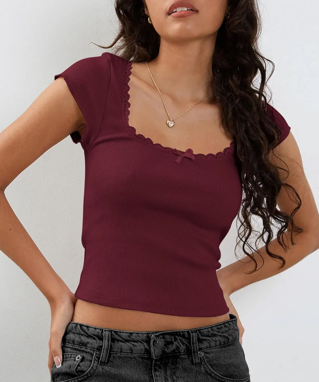 Yousify Womens Shorts Sleeve Crop Tops Summer Y2K Lace Square Neck Slim Fitted Basic Ribbed Tee Blouse Shirts
