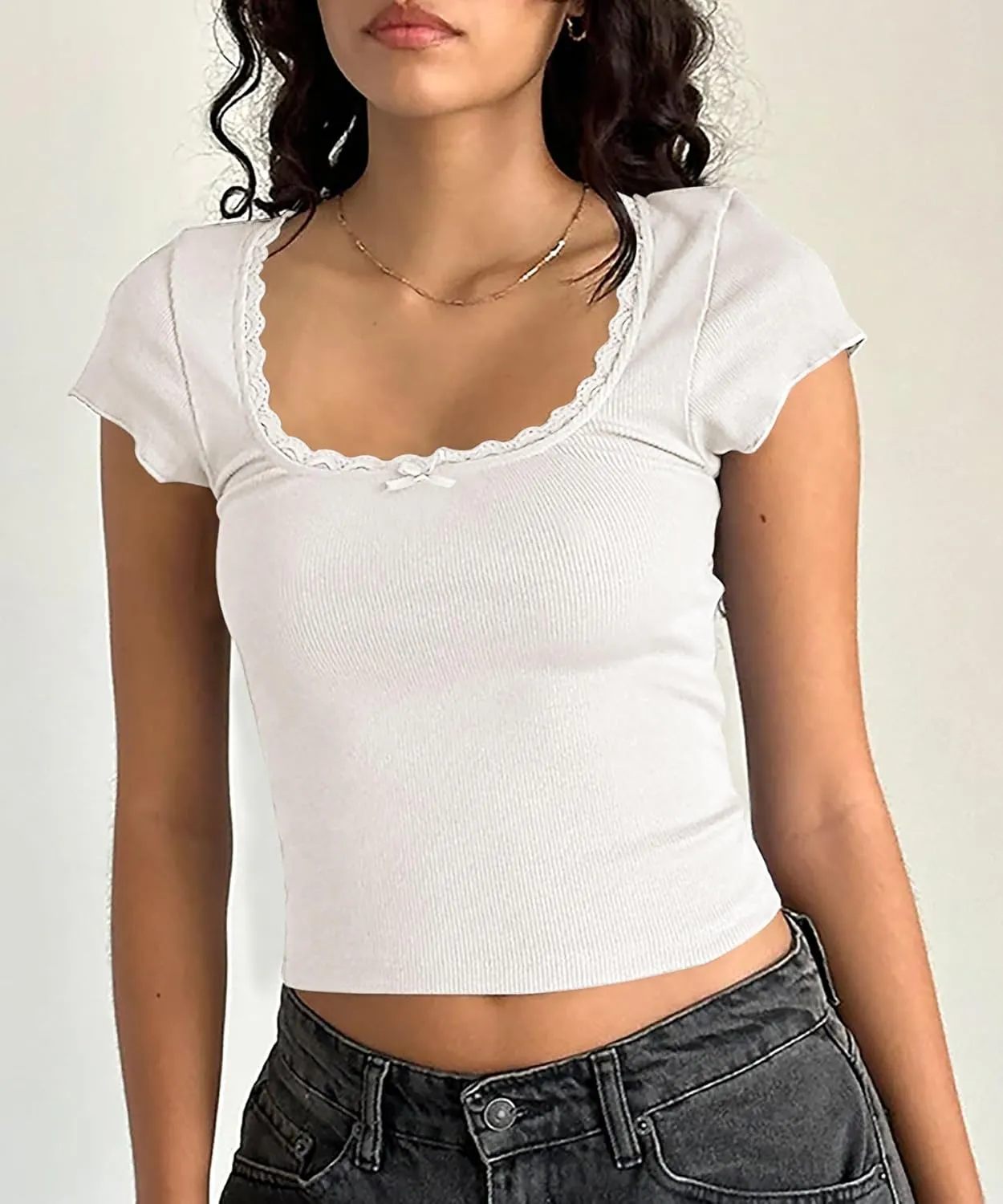 Yousify Womens Shorts Sleeve Crop Tops Summer Y2K Lace Square Neck Slim Fitted Basic Ribbed Tee Blouse Shirts