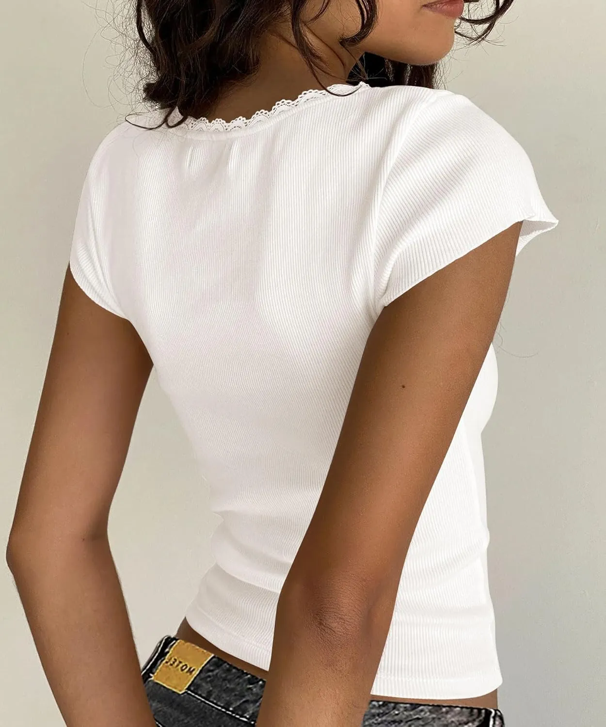 Yousify Womens Shorts Sleeve Crop Tops Summer Y2K Lace Square Neck Slim Fitted Basic Ribbed Tee Blouse Shirts