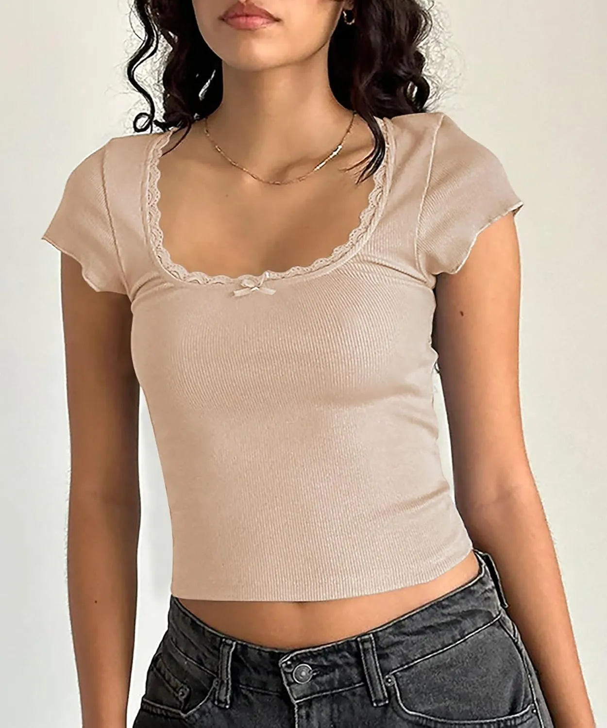 Yousify Womens Shorts Sleeve Crop Tops Summer Y2K Lace Square Neck Slim Fitted Basic Ribbed Tee Blouse Shirts