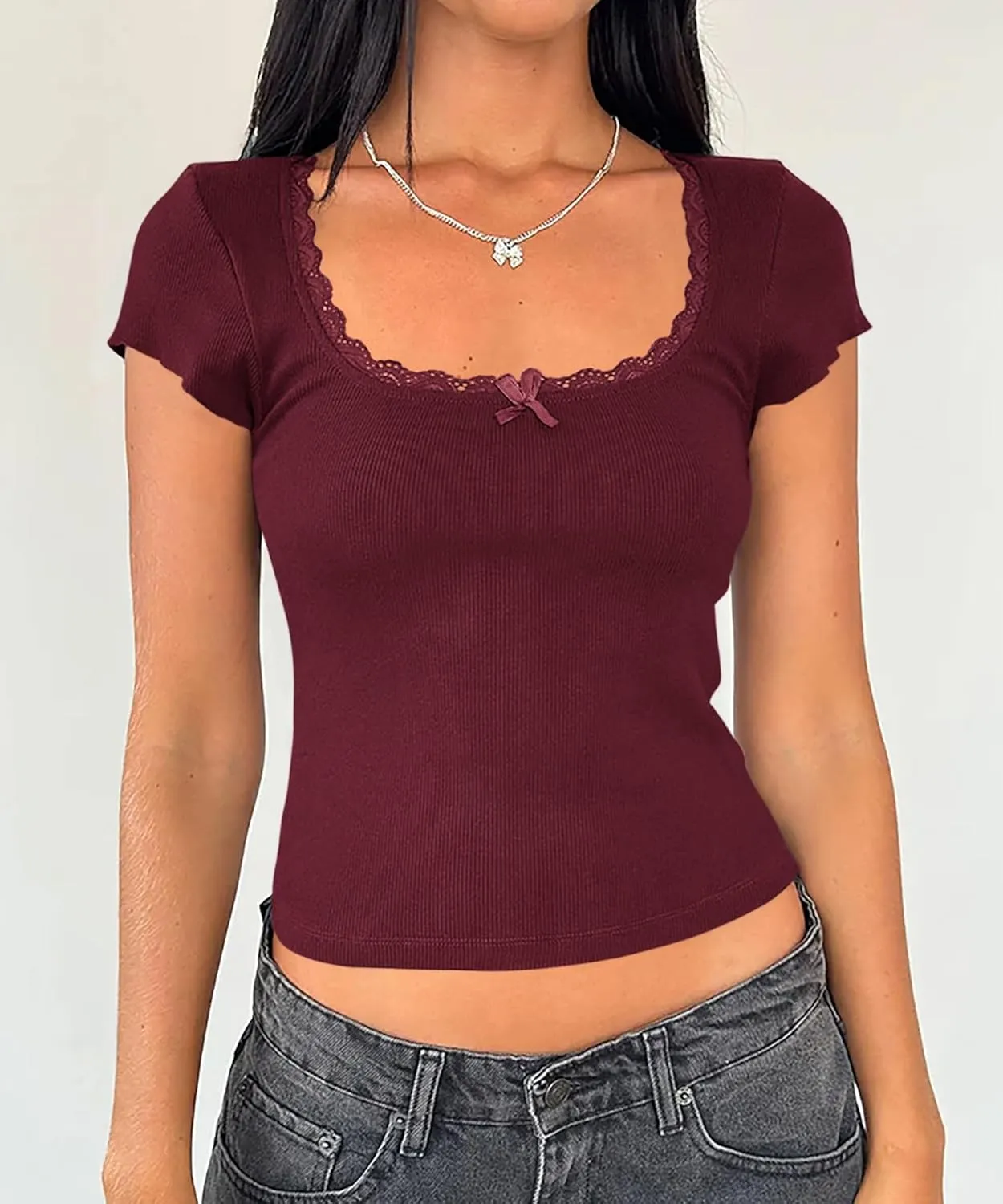 Yousify Womens Shorts Sleeve Crop Tops Summer Y2K Lace Square Neck Slim Fitted Basic Ribbed Tee Blouse Shirts