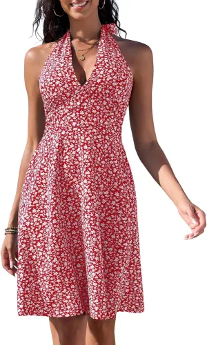 ZAFUL Women's Ditsy Floral Cami Mini Dress V-Neck Cross Back Ruched Frilled A-Line Dress Swing Skater Beach Dress