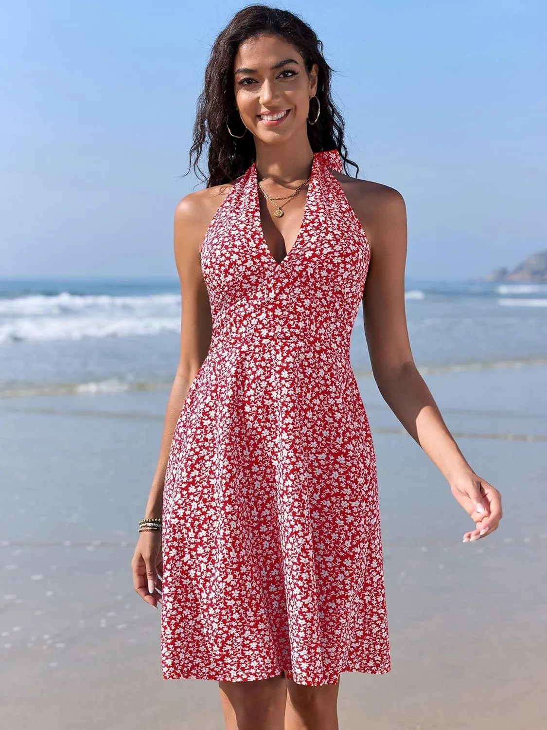 ZAFUL Women's Ditsy Floral Cami Mini Dress V-Neck Cross Back Ruched Frilled A-Line Dress Swing Skater Beach Dress