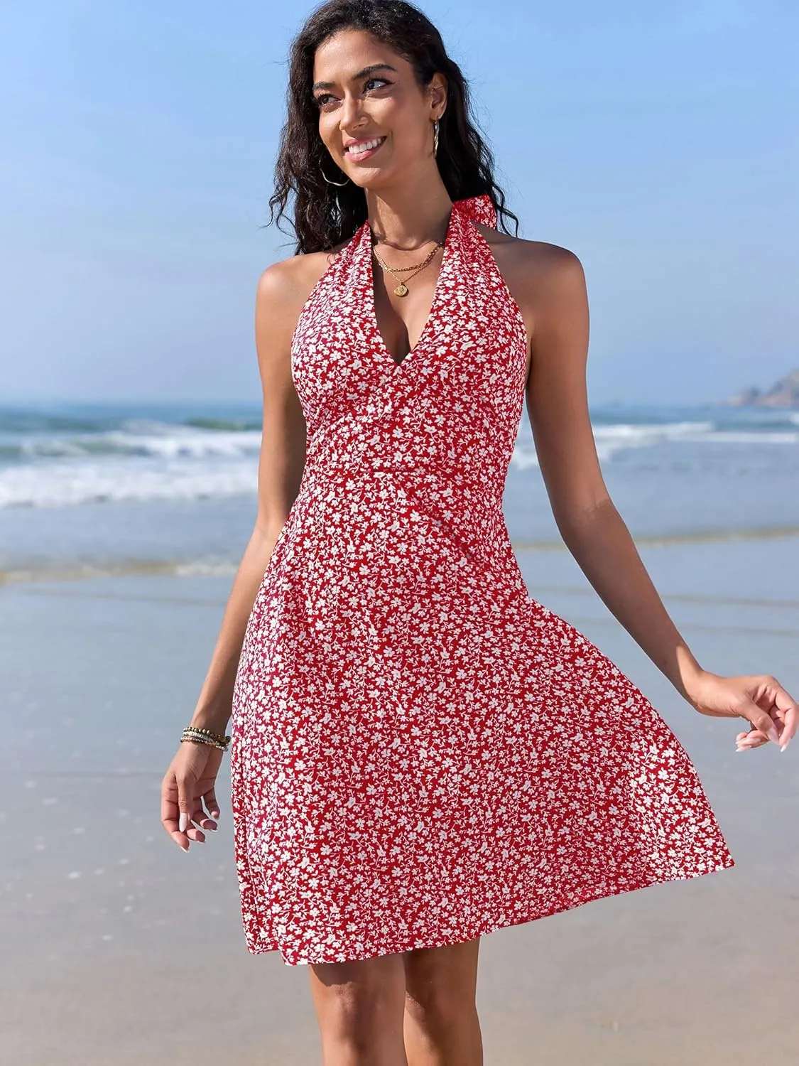 ZAFUL Women's Ditsy Floral Cami Mini Dress V-Neck Cross Back Ruched Frilled A-Line Dress Swing Skater Beach Dress