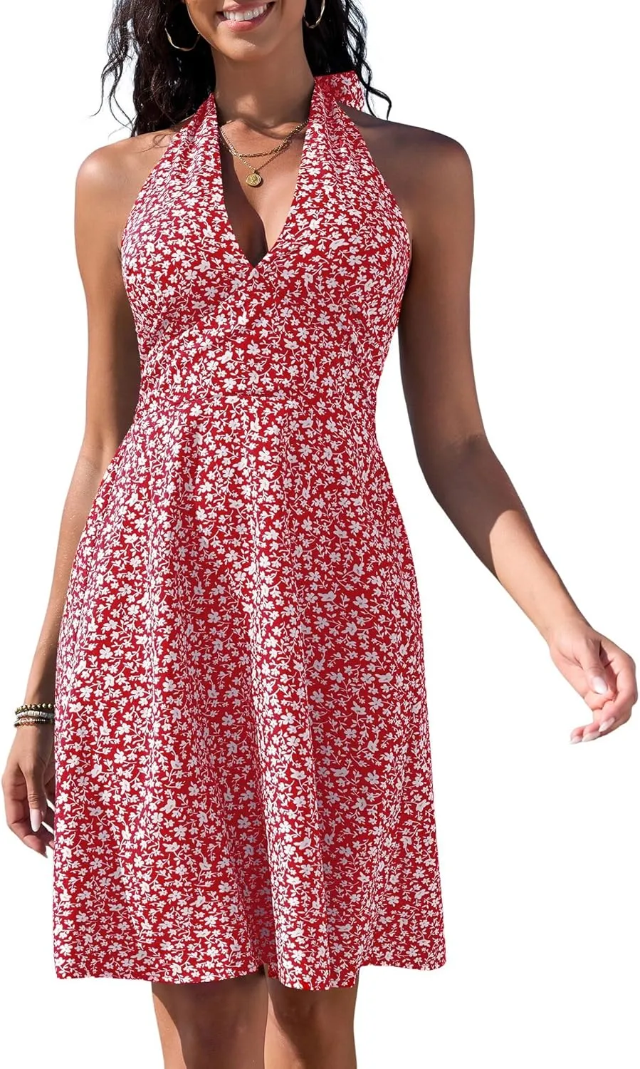 ZAFUL Women's Ditsy Floral Cami Mini Dress V-Neck Cross Back Ruched Frilled A-Line Dress Swing Skater Beach Dress