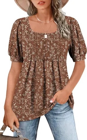 Zwurew Women's Summer Casual Puff Short Sleeve T-Shirts Square Neck Pleated Flowy Trendy Tunic Tops for Leggings S-2XL